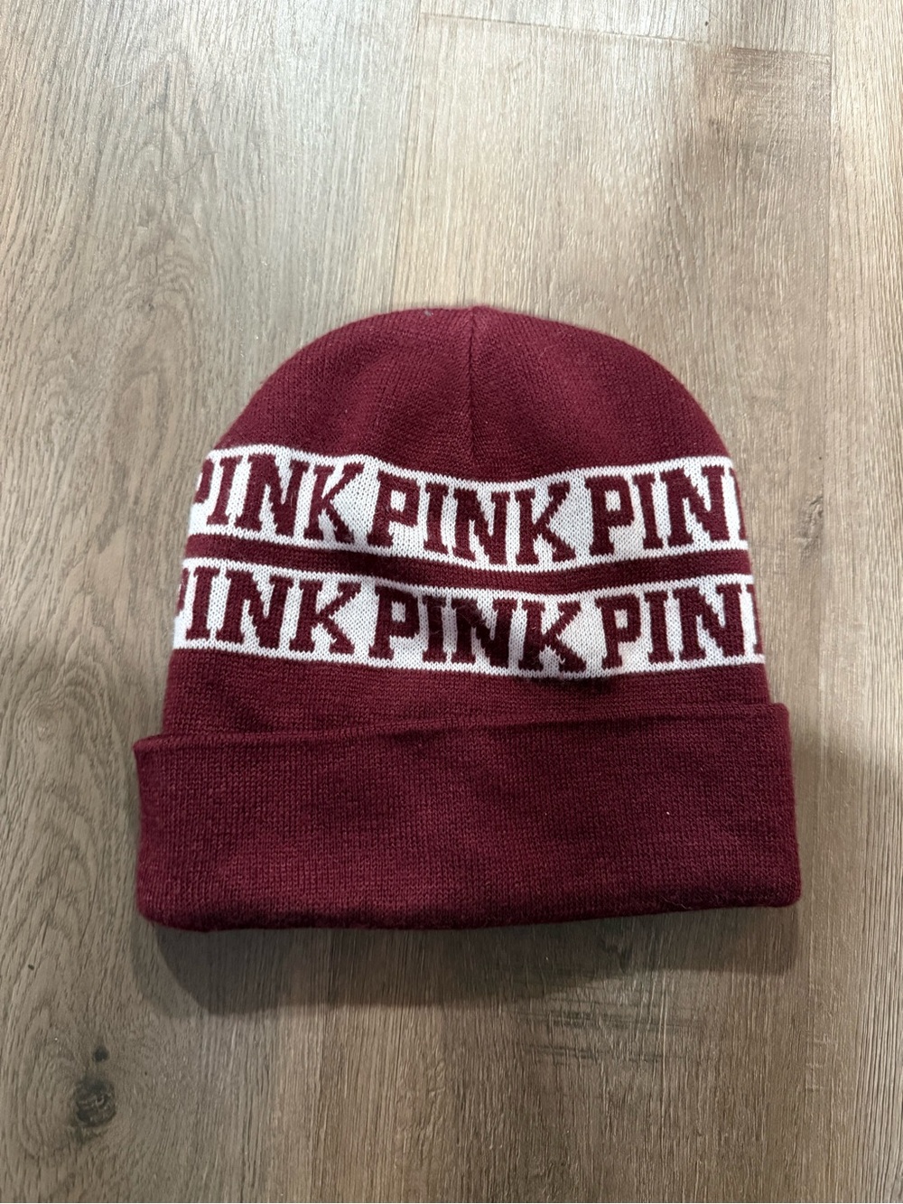 PINK Victoria's Secret Burgundy Knit Beanie with White Logo Stripe